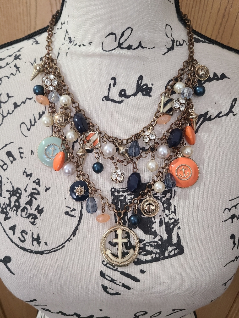 Chunky Nautical Layered Chain Anchor Charm Bead Statement Necklace
